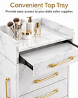 Professional Salon Storage Trolley – Marble-Style Beauty Cabinet with 4 Drawers & Gold Handles