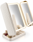 Tri-Fold LED Vanity Mirror with Touch Control, Folding Side Panels & Storage Base