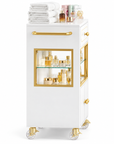 Professional Salon Storage Trolley with Glass Display Cabinet, Drawer & Lockable Wheels – White & Gold