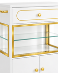 Professional Salon Storage Trolley with Glass Display Cabinet, Drawer & Lockable Wheels – White & Gold