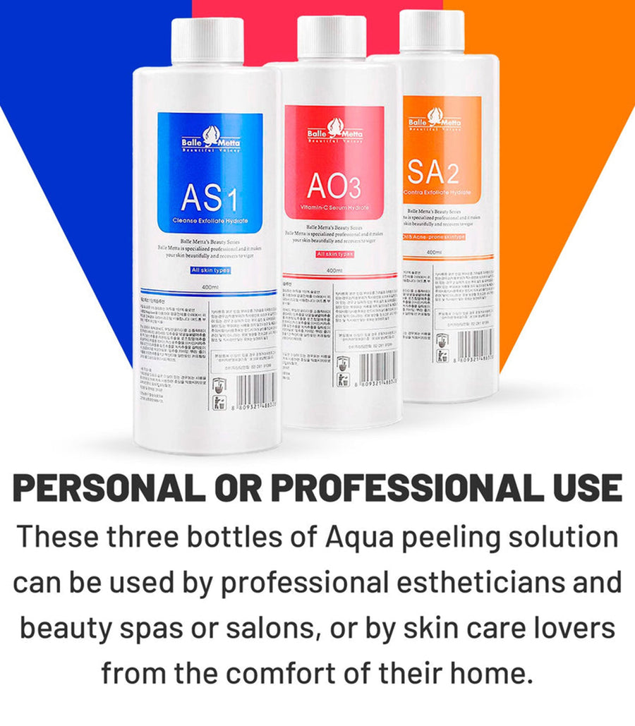 Theia Aqua Peeling Solution for Hydrafacial Machine pack of 3 400ml AS1, SA2, and AO3 Hydrogen Oxygen Facial Machine Serums