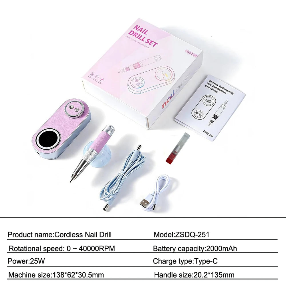 Cordless Electric Nail Drill Machine – 40,000 RPM, 25W Rechargeable Manicure & Pedicure Tool