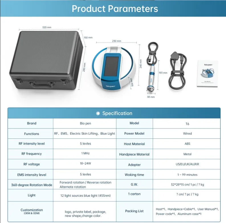 BIO PEN: Advanced 360° Radio Frequency & Blue Light EMS Roller for Skin Tightening and Lifting