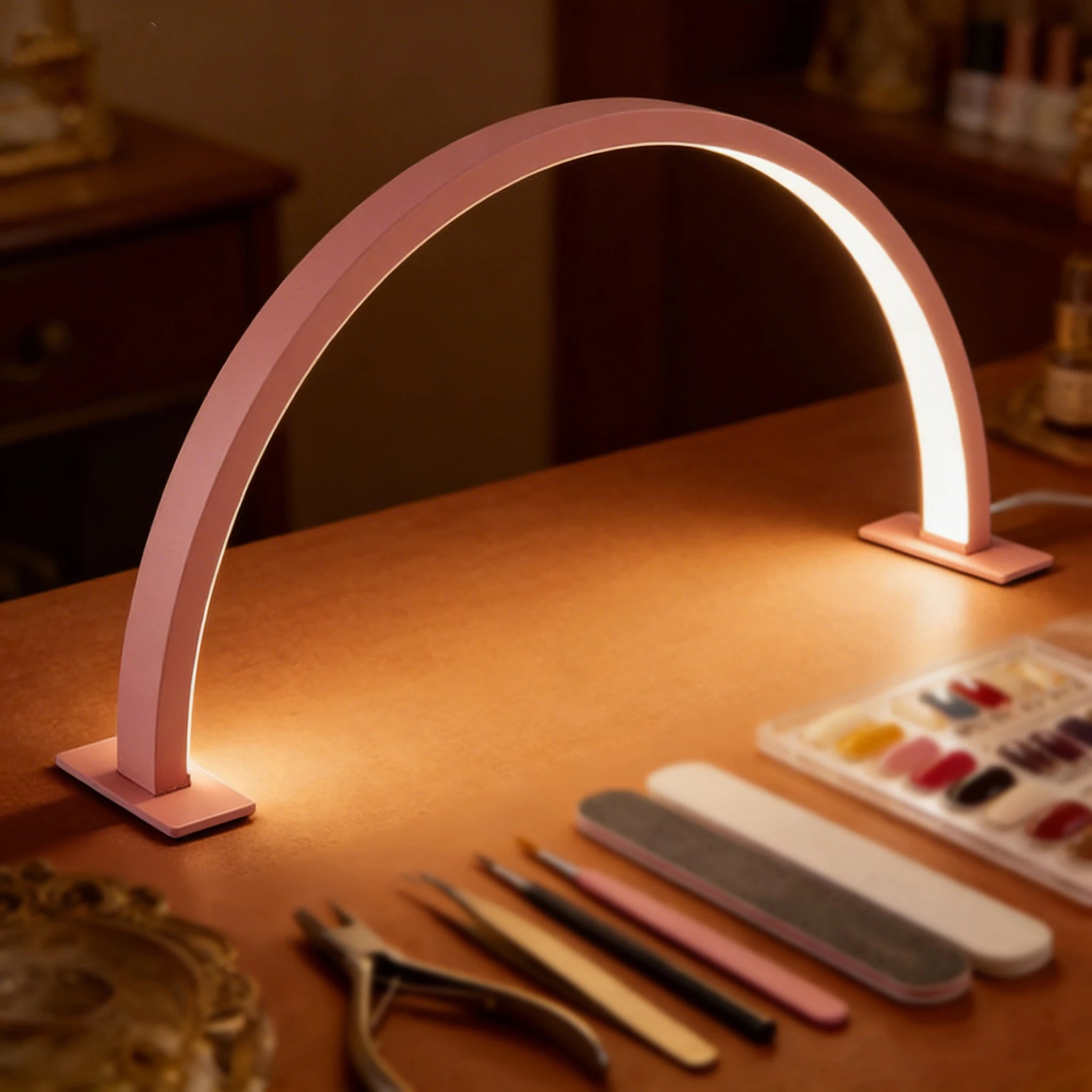 Pink Half-Moon LED Nail Desk Lamp – Professional Manicure & Beauty Salon Light