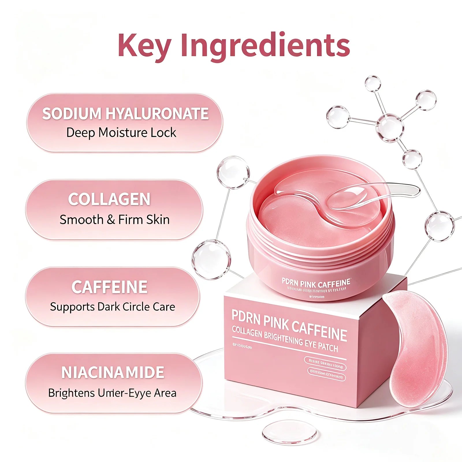 Caffeine Collagen Hydrogel Under Eye Patches – 60 Pieces / 30 Pairs – Pink