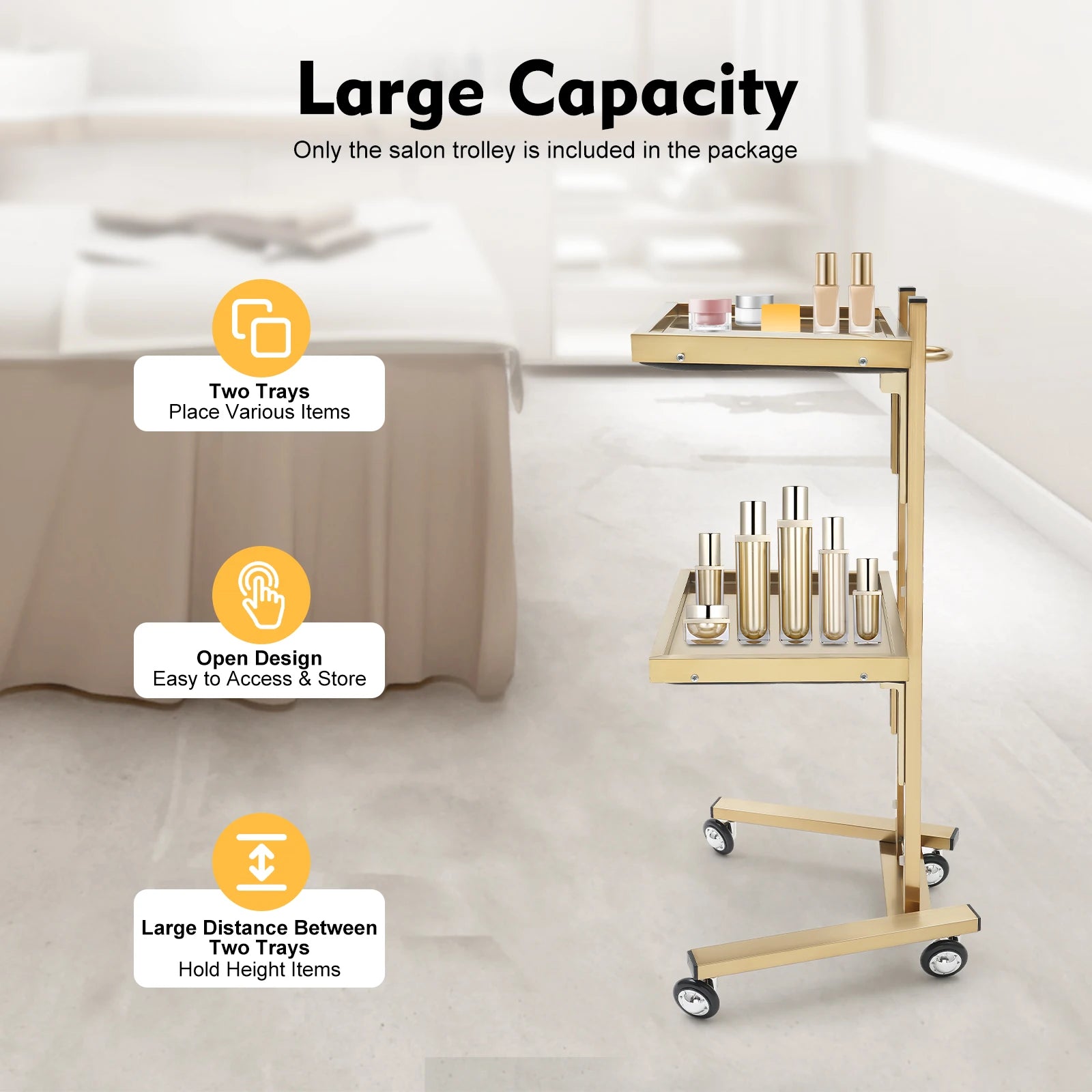2-Tier Rolling Salon Trolley – Stainless Steel Beauty Cart with Wheels