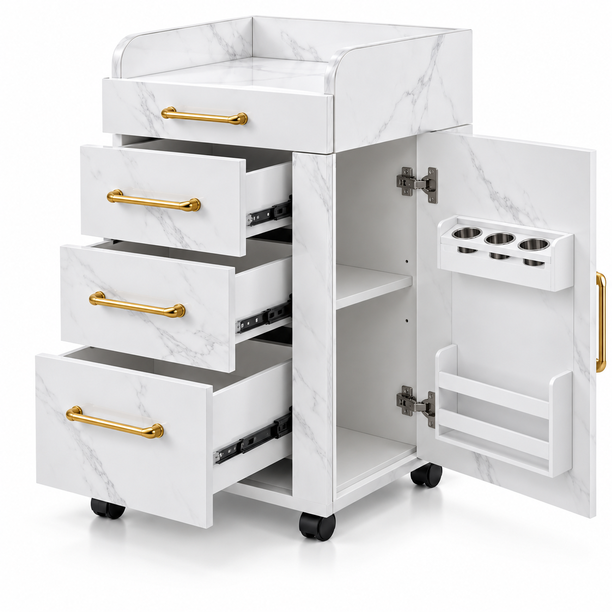 Professional Salon Storage Trolley – Marble-Style Beauty Cabinet with 4 Drawers & Gold Handles