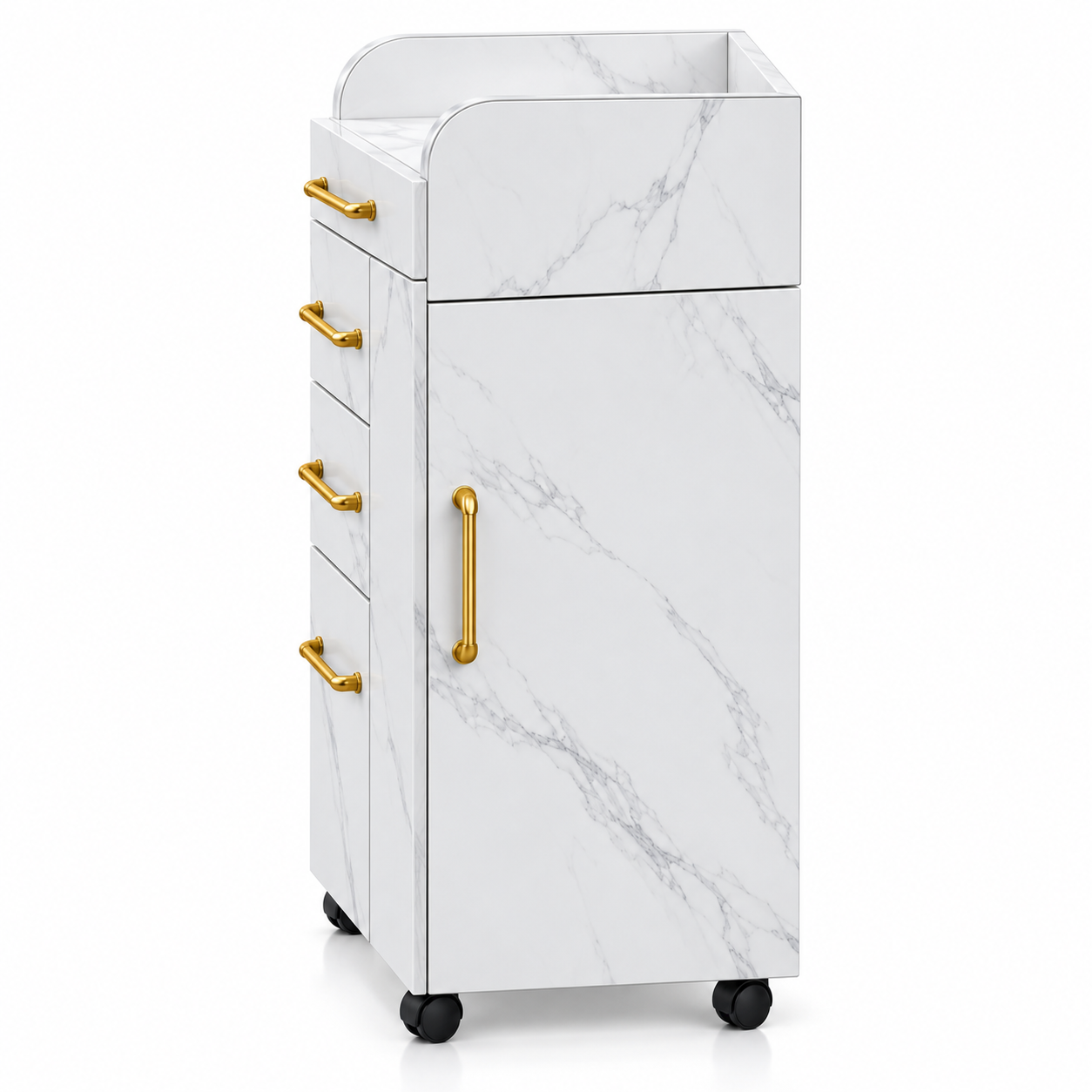 Professional Salon Storage Trolley – Marble-Style Beauty Cabinet with 4 Drawers & Gold Handles