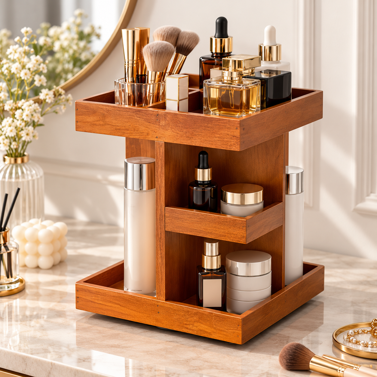 Luxury 360° Rotating Wooden Makeup Organizer – 3-Tier Skincare & Cosmetic Storage Stand