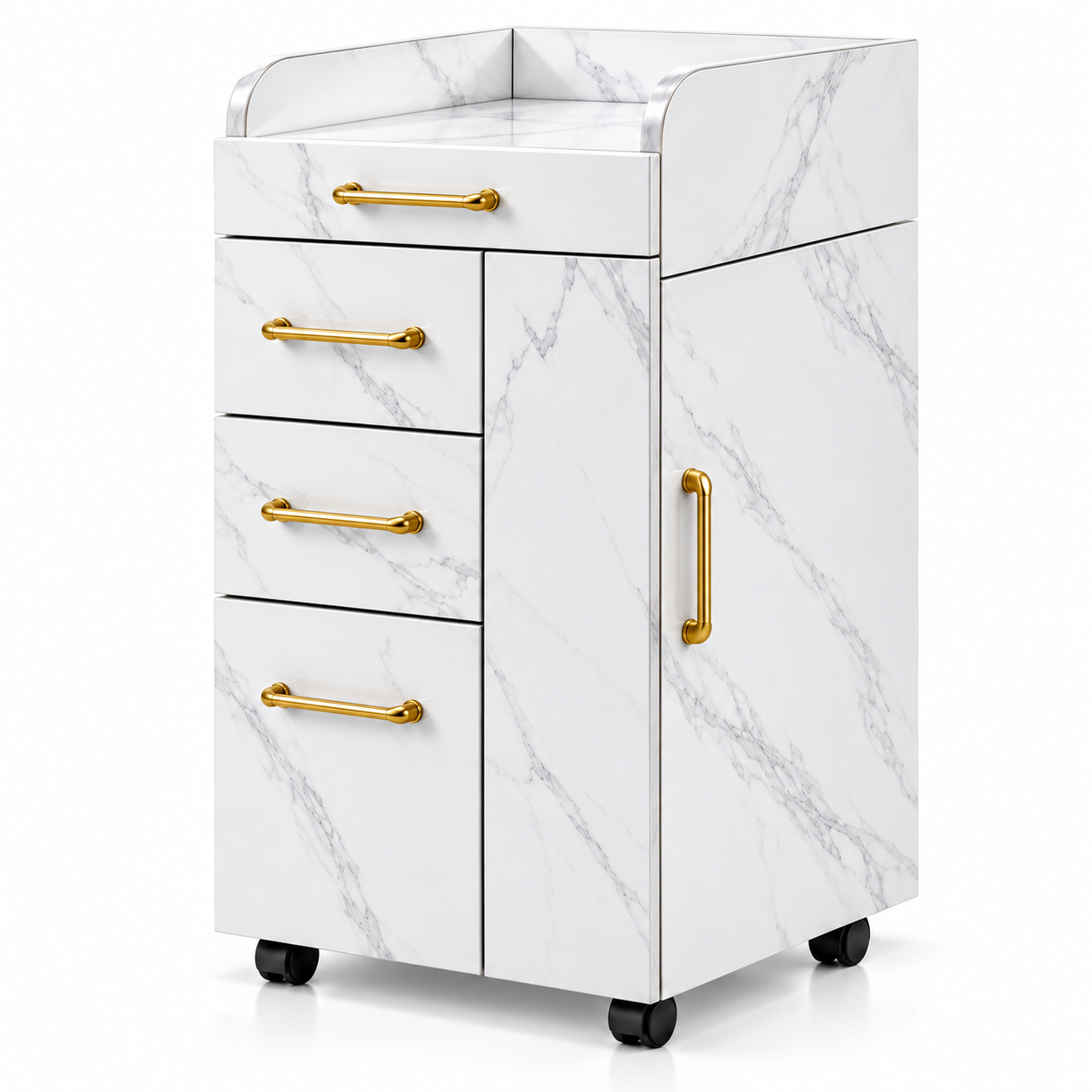 Professional Salon Storage Trolley – Marble-Style Beauty Cabinet with 4 Drawers & Gold Handles