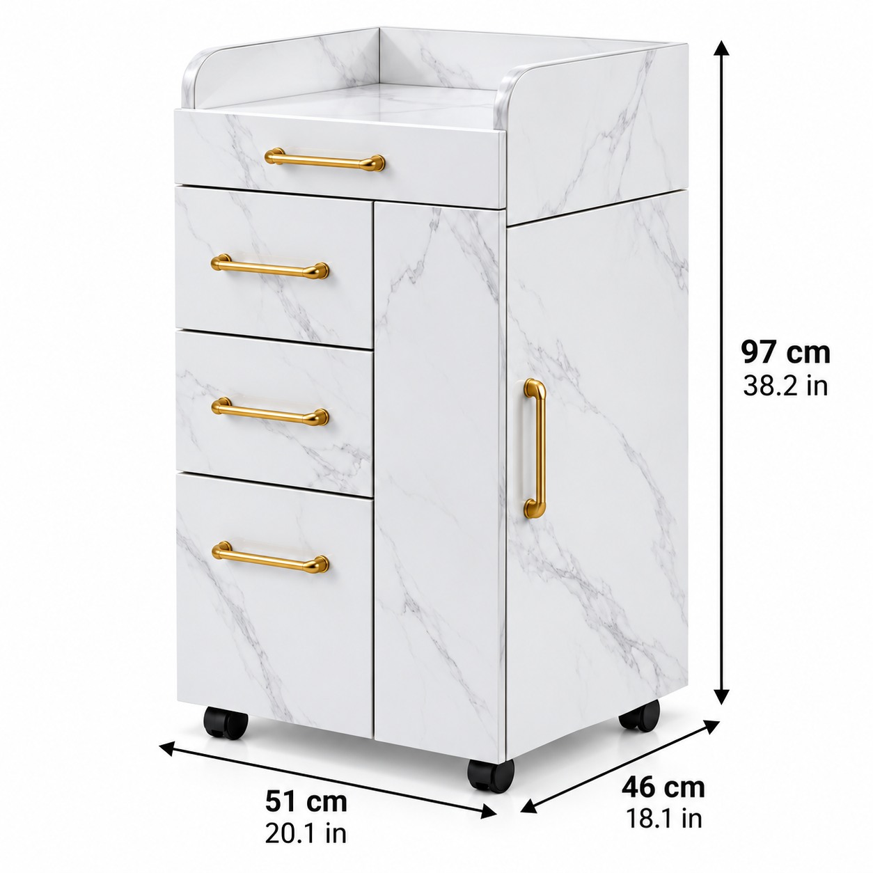 Professional Salon Storage Trolley – Marble-Style Beauty Cabinet with 4 Drawers & Gold Handles