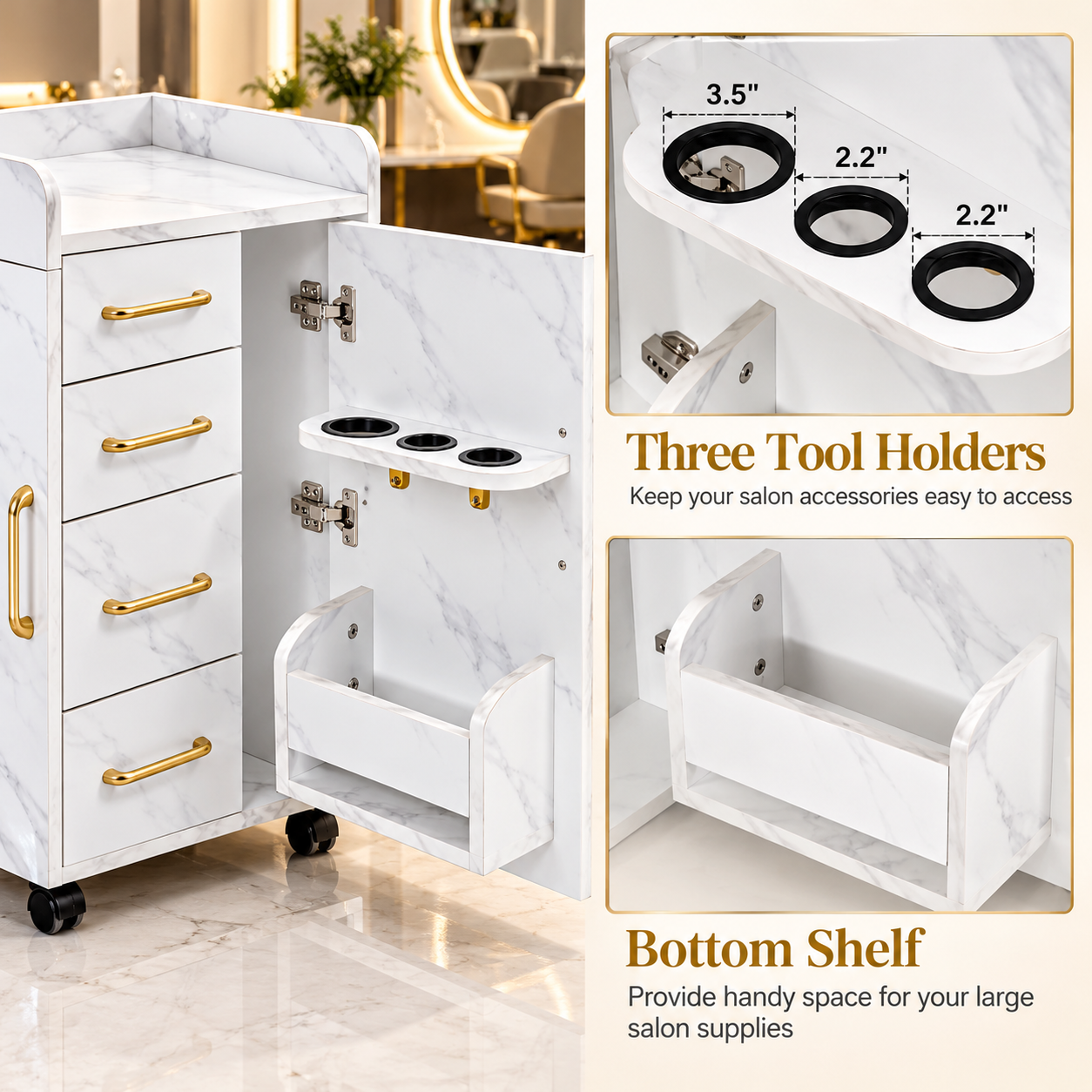 Professional Salon Storage Trolley – Marble-Style Beauty Cabinet with 4 Drawers & Gold Handles