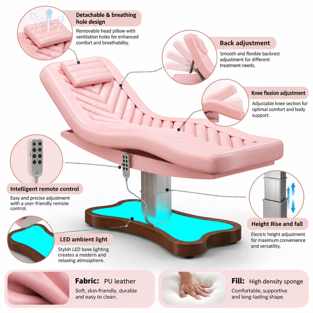 Electric Beauty Treatment Bed with 3 Motors, Adjustable Backrest, Height Control & LED Base