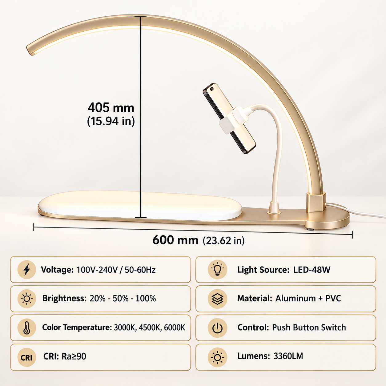 48W Curved LED Nail Desk Lamp with Phone Holder – 3 Color Temperatures, 3360LM