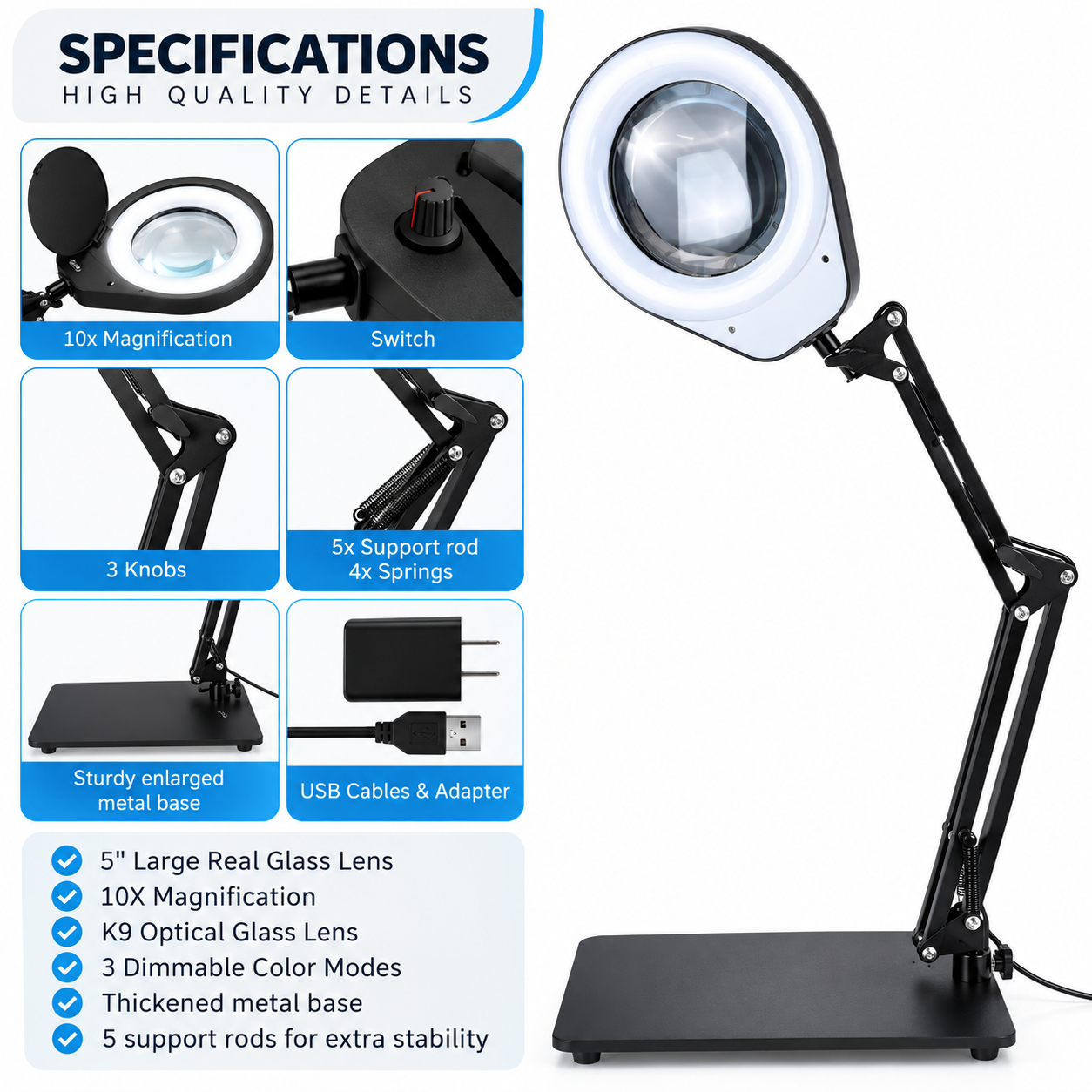 10X 20X Magnifier Lamp 3 COLORS LED Lighted Magnifier Large Base & Clamp Magnifying Glass Lamp for Repair Crafts Soldering 5.5D