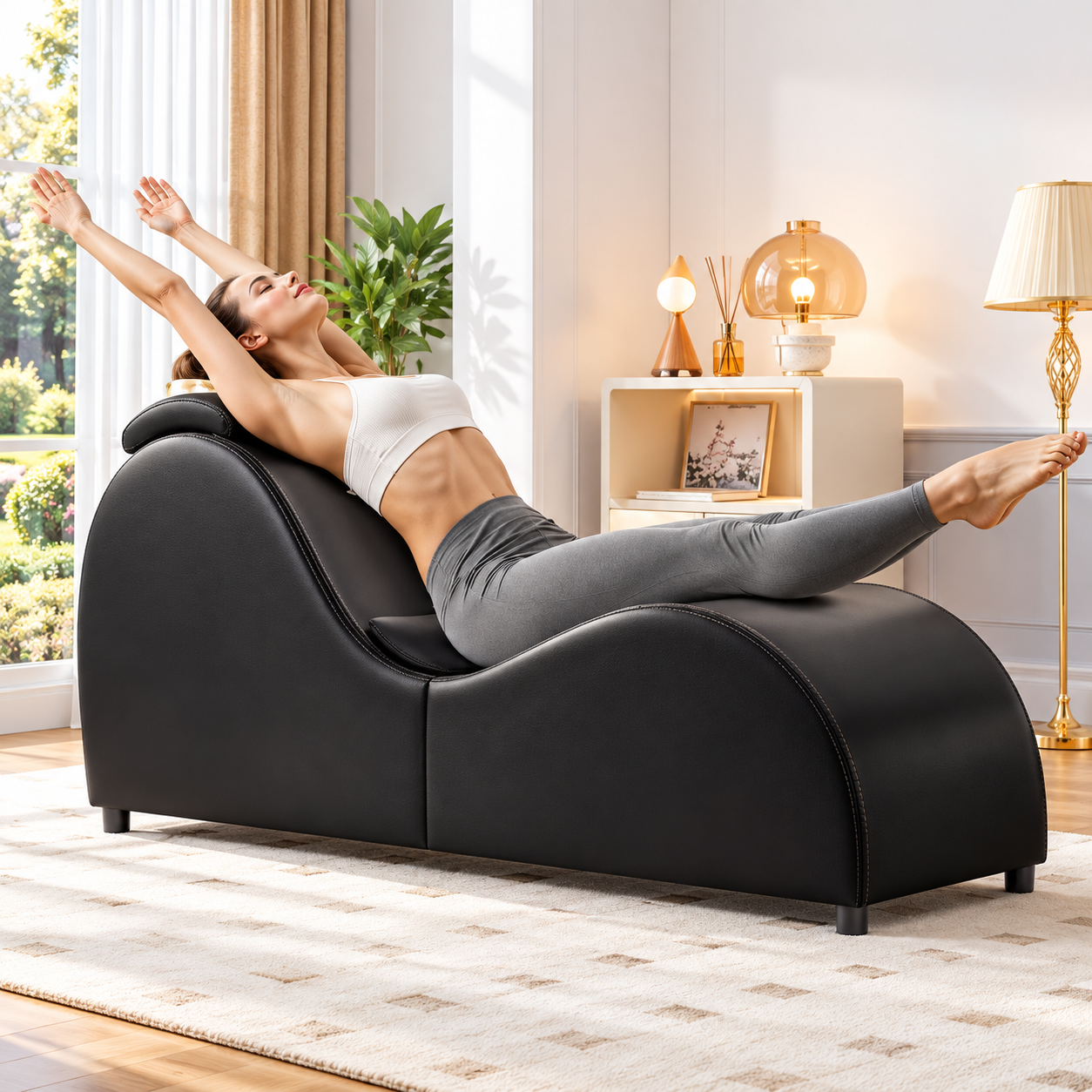 60-Inch Ergonomic Yoga Chaise Lounge – Curved Padded Stretching Chair with Faux Leather Upholstery, Black