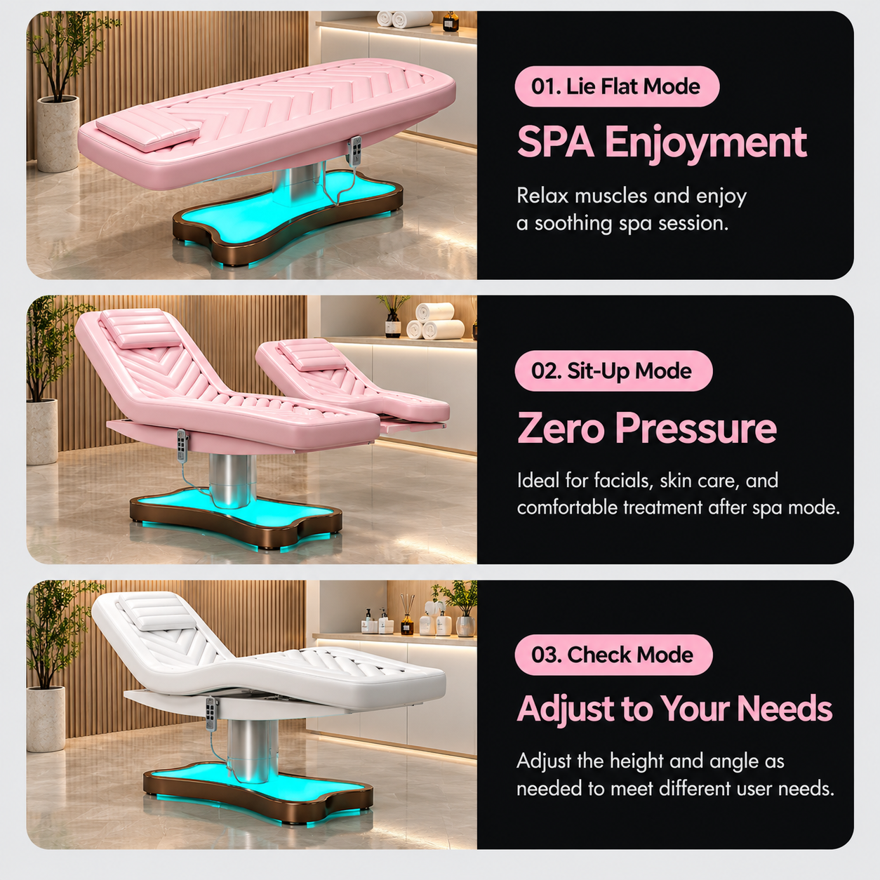 Electric Beauty Treatment Bed with 3 Motors, Adjustable Backrest, Height Control & LED Base