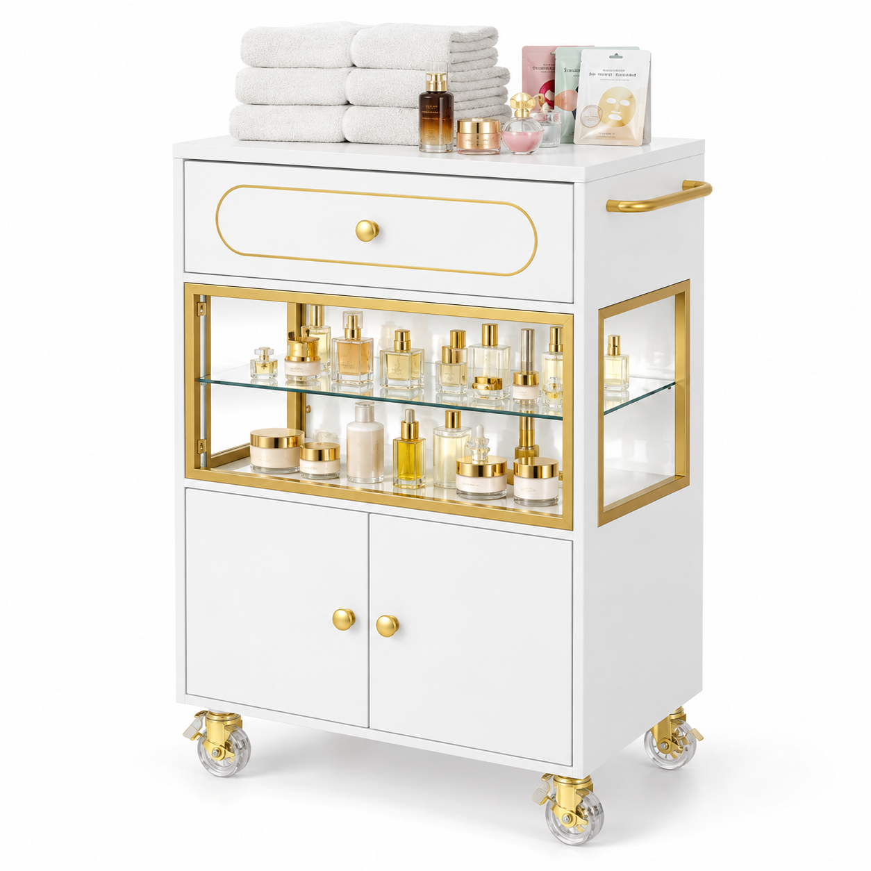Professional Salon Storage Trolley with Glass Display Cabinet, Drawer & Lockable Wheels – White & Gold
