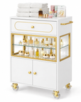 Professional Salon Storage Trolley with Glass Display Cabinet, Drawer & Lockable Wheels – White & Gold