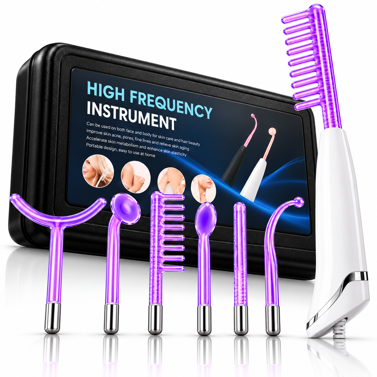 6-in-1 High Frequency Facial & Scalp Beauty Device Set with 6 Glass Electrodes and Storage Case