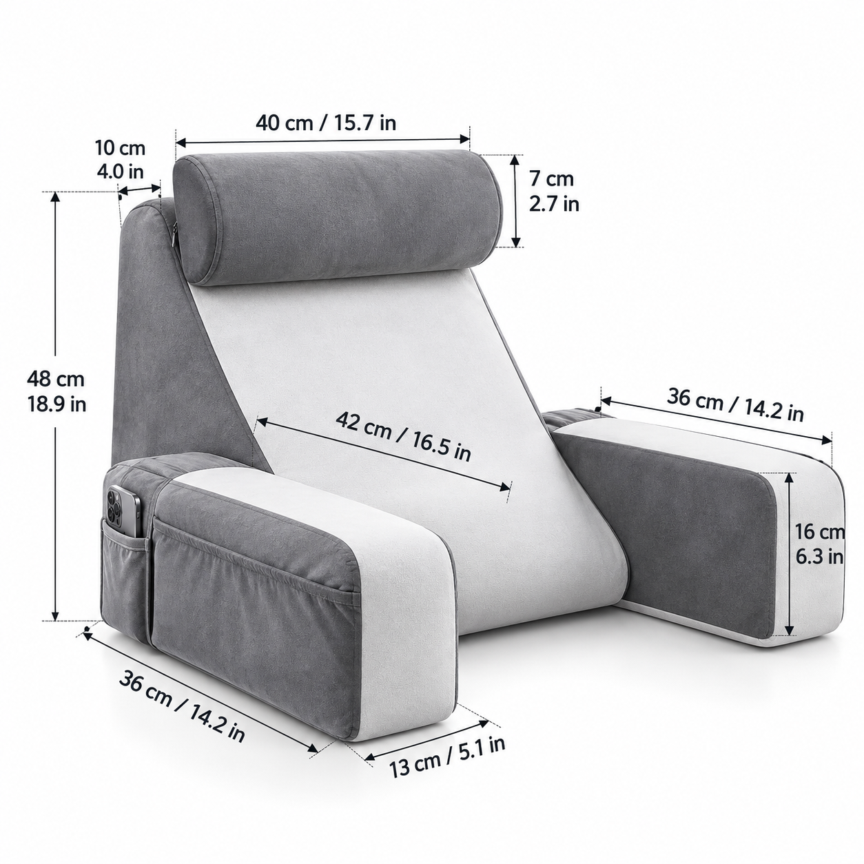 Memory Foam Bed Rest Pillow with Armrests, Neck Support & Side Pockets – Reading Backrest Cushion