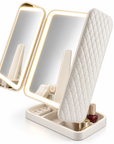 Tri-Fold LED Vanity Mirror with Touch Control, Folding Side Panels & Storage Base