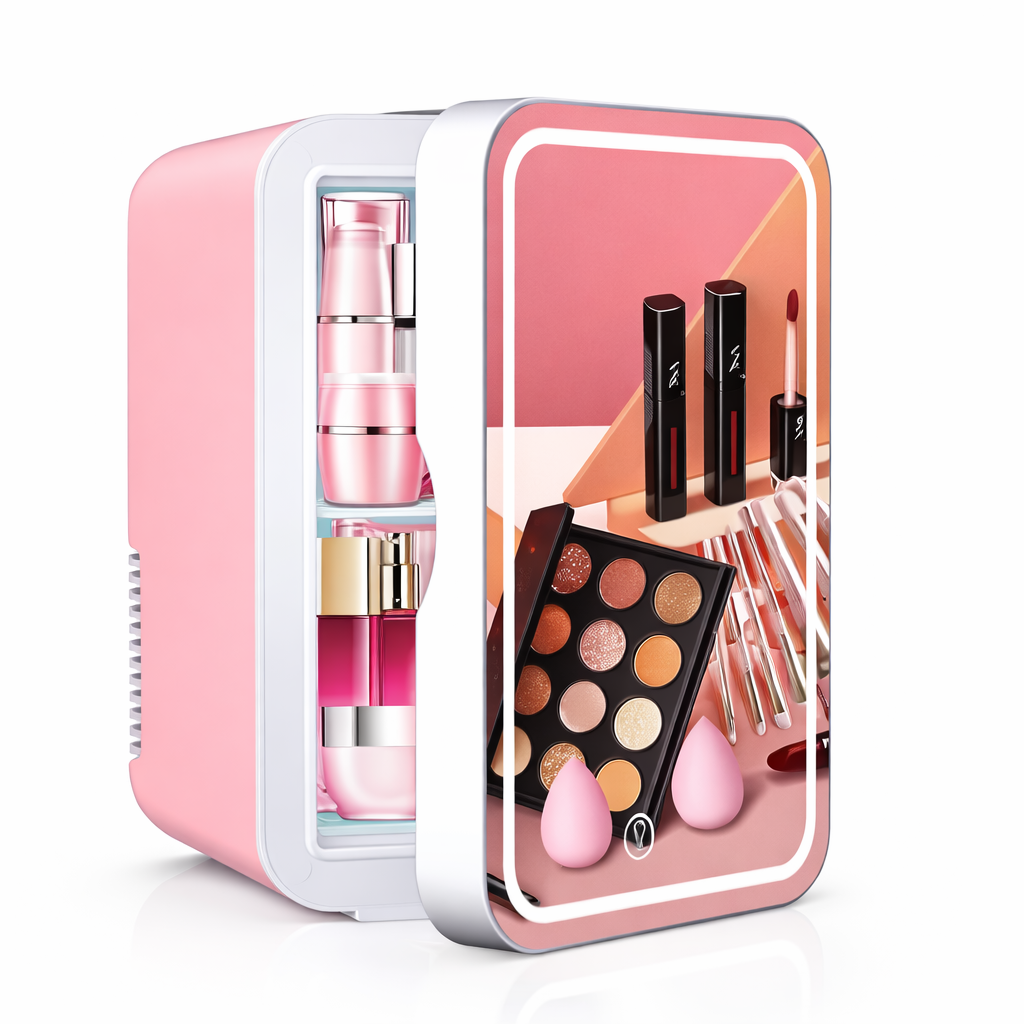 4L Mini Makeup Fridge with LED Mirror – Portable Cosmetic Storage Cooler for Home & Car
