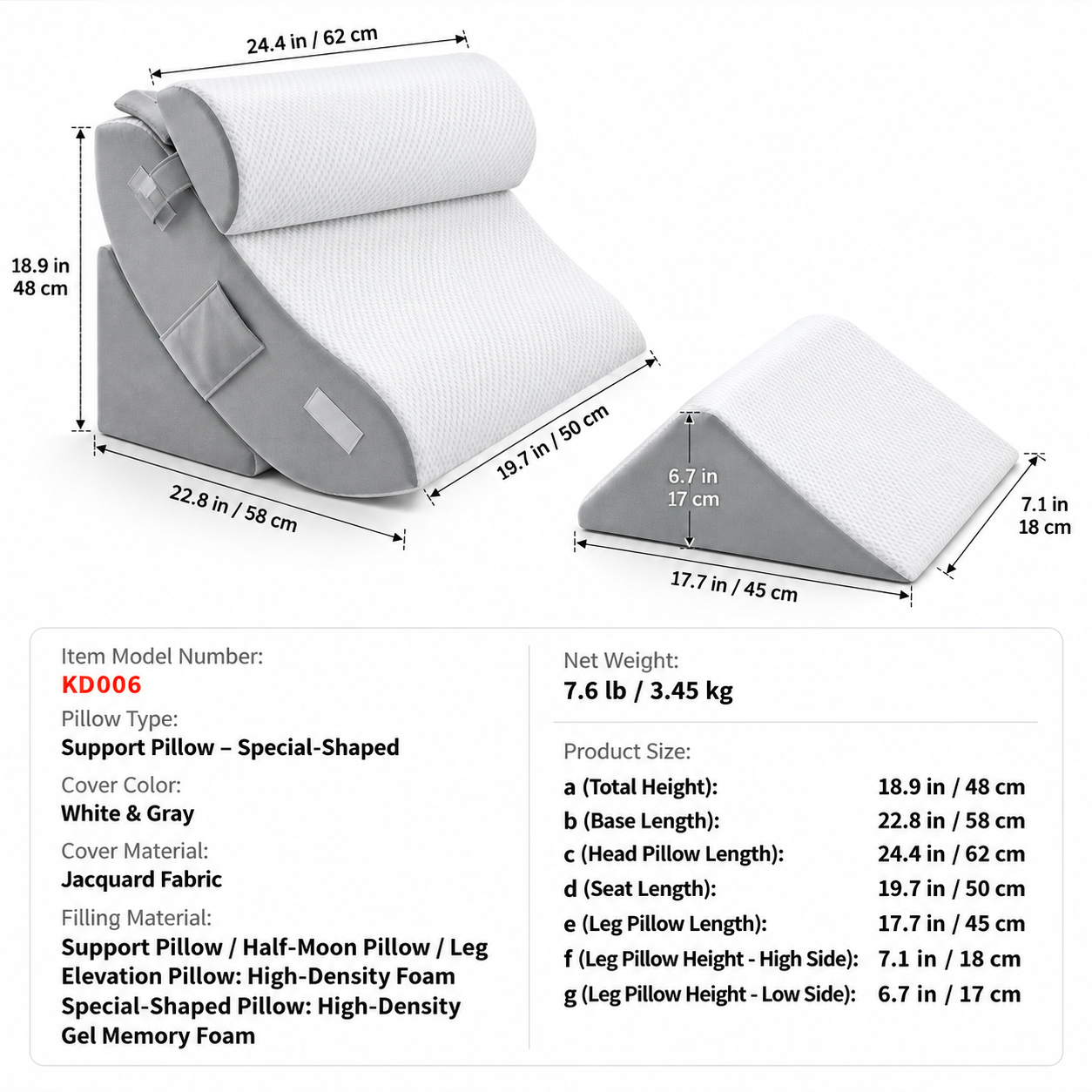 Adjustable Bed Wedge Pillow Set with Neck Bolster & Leg Support – 4-Piece Memory Foam System