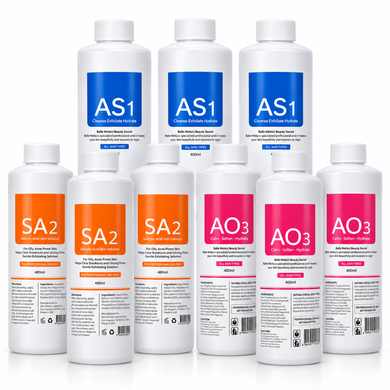 Aqua Peeling Solutions AS1 + SA2 + AO3 – 9 × 400ml Hydro Facial Serum Set