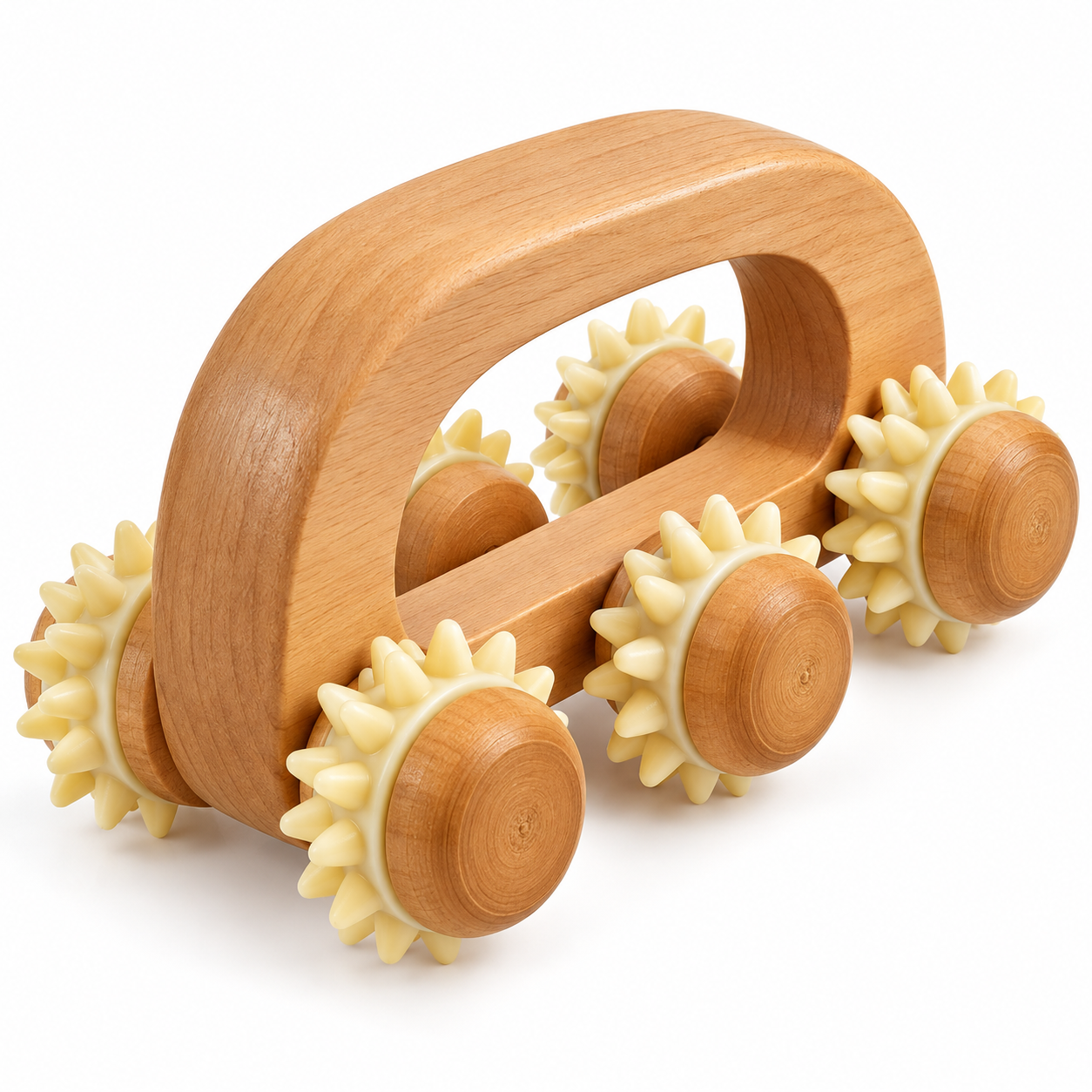 Wooden Body Massage Roller with Spiked Wheels