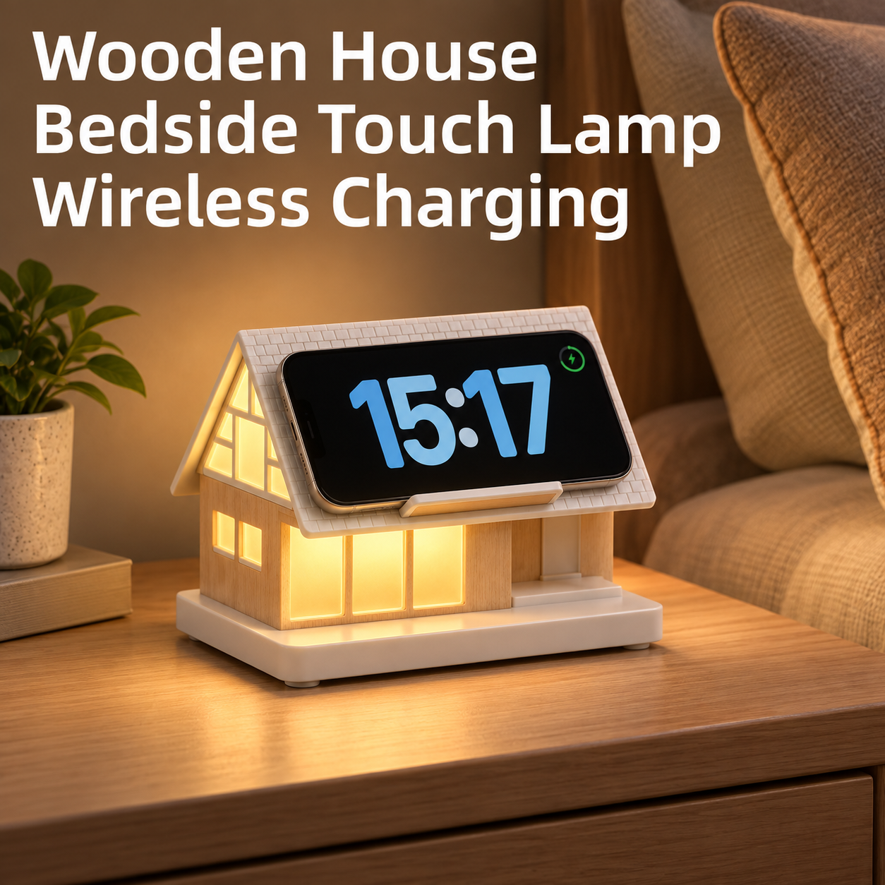 Wooden House Bedside Touch Lamp with 15W Wireless Charging, White Noise & 3-Level Dimming