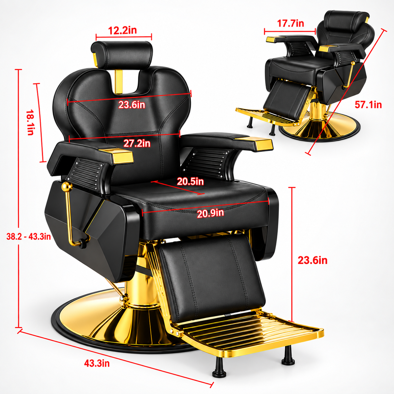 Luxury Black & Gold Hydraulic Barber Chair – Reclining Professional Salon Chair with Adjustable Headrest & Footrest