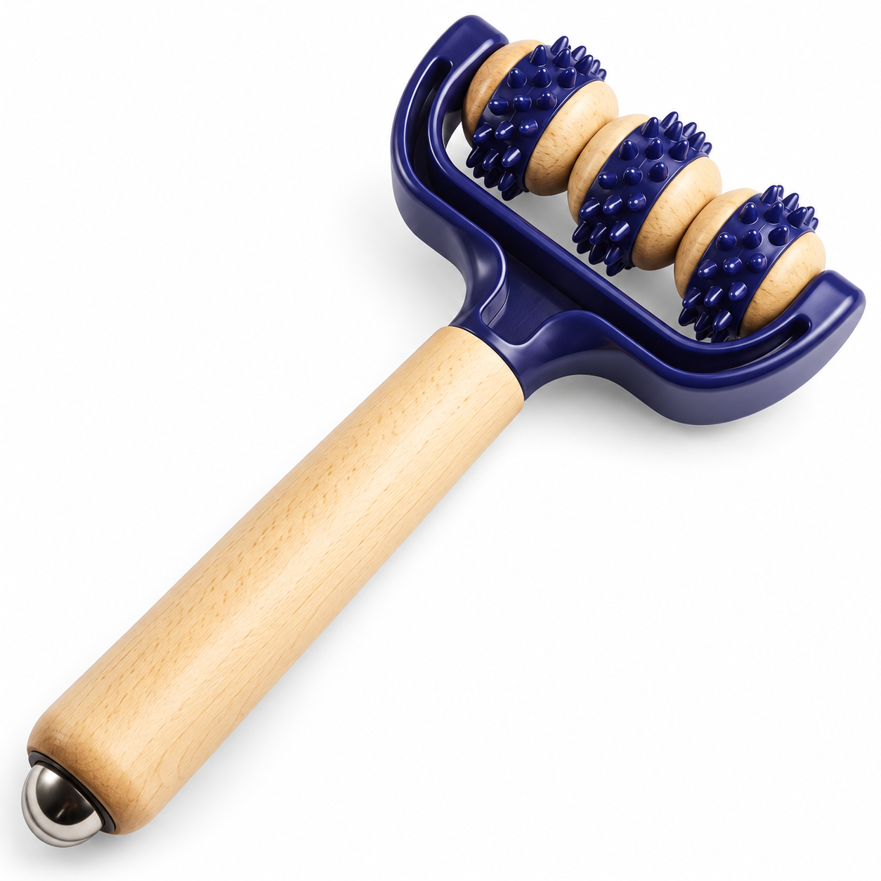Handheld 3-Wheel Massage Roller – Wooden Handle Body Massager