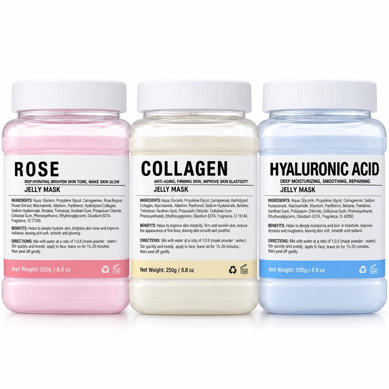 Professional Jelly Mask Trio – Rose, Collagen & Hyaluronic Acid – 3 × 250 g