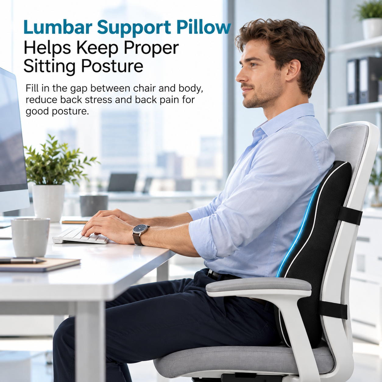 Memory Foam Lumbar Support Cushion for Office Chair & Car Seat – Ergonomic Back Support Pillow