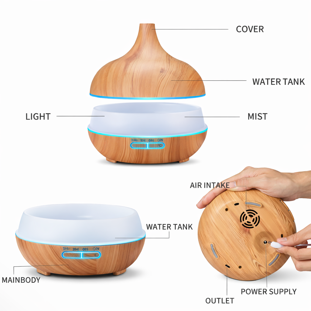 Ultrasonic Wood Grain Aromatherapy Diffuser with Blue LED – USB Essential Oil Humidifier & Cool Mist Air Purifier for Home & Office
