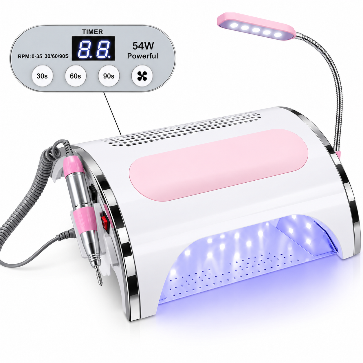 4-in-1 Professional Nail Station – 54W UV LED Lamp, 25,000 RPM Nail Drill & Dust Collector