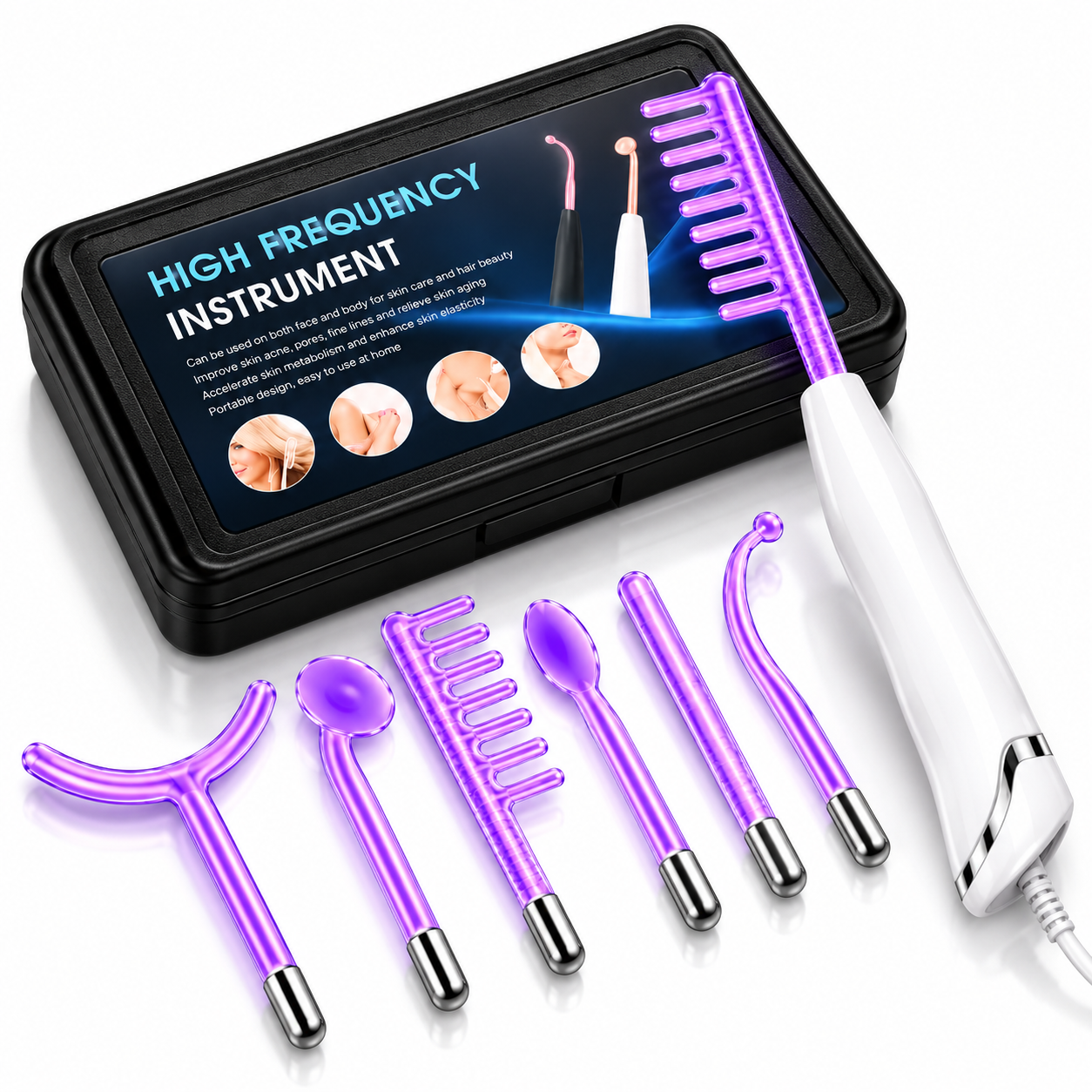 6-in-1 High Frequency Facial & Scalp Beauty Device Set with 6 Glass Electrodes and Storage Case
