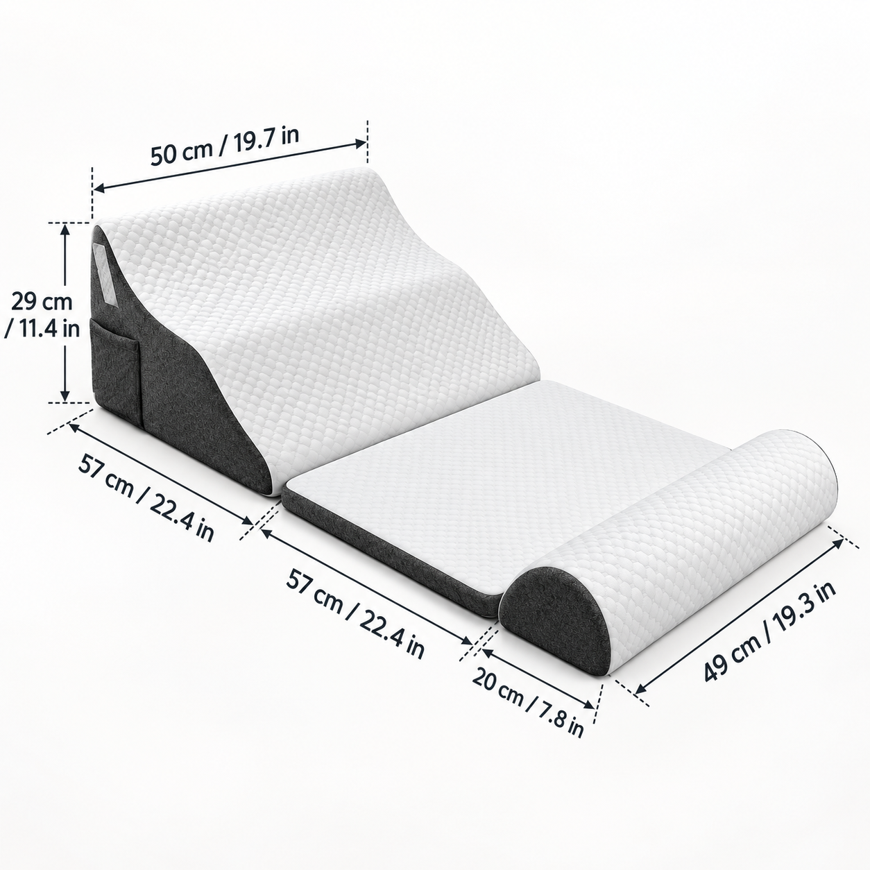 3-Piece Adjustable Wedge Pillow Set with Neck Roll, Leg Cushion & Side Pocket – Ergonomic Reading Support
