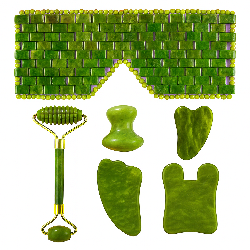 Theia Premium Natural Jade Beauty Set – Eye Mask, Face Roller & Gua Sha Scraper