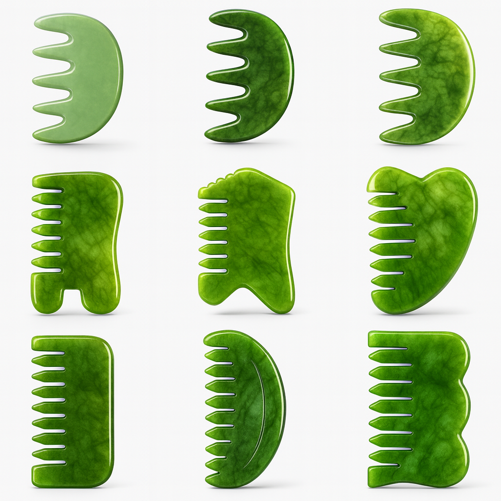 Theia Premium Natural Jade Gua Sha Comb Set – Multi-Shape Massager for Face, Scalp & Body