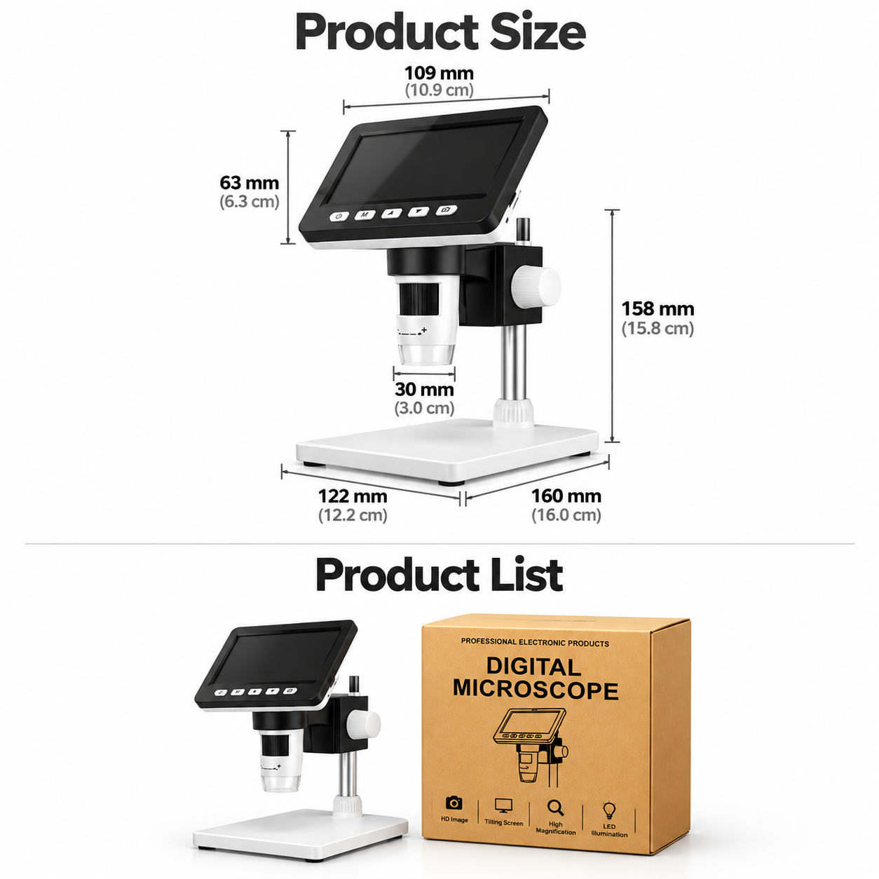 Professional 4.3" IPS Digital Microscope – 50X–1600X Magnification, 2MP Camera, 1080P Display, Adjustable LED Lighting & PC Connection