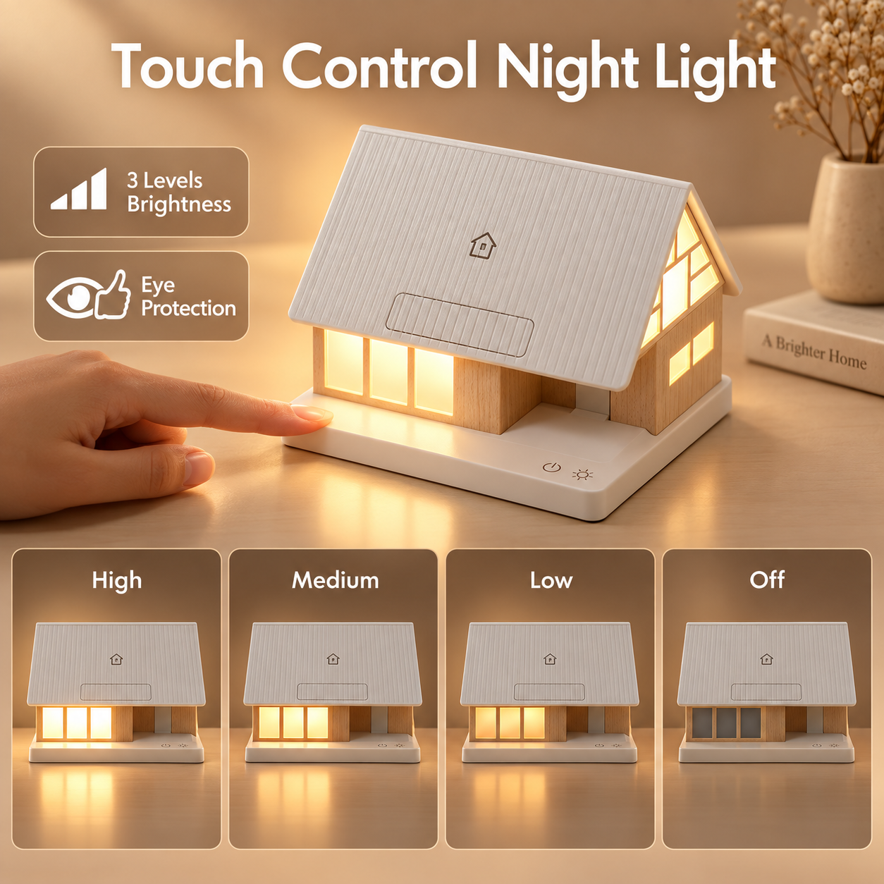 Wooden House Bedside Touch Lamp with 15W Wireless Charging, White Noise & 3-Level Dimming