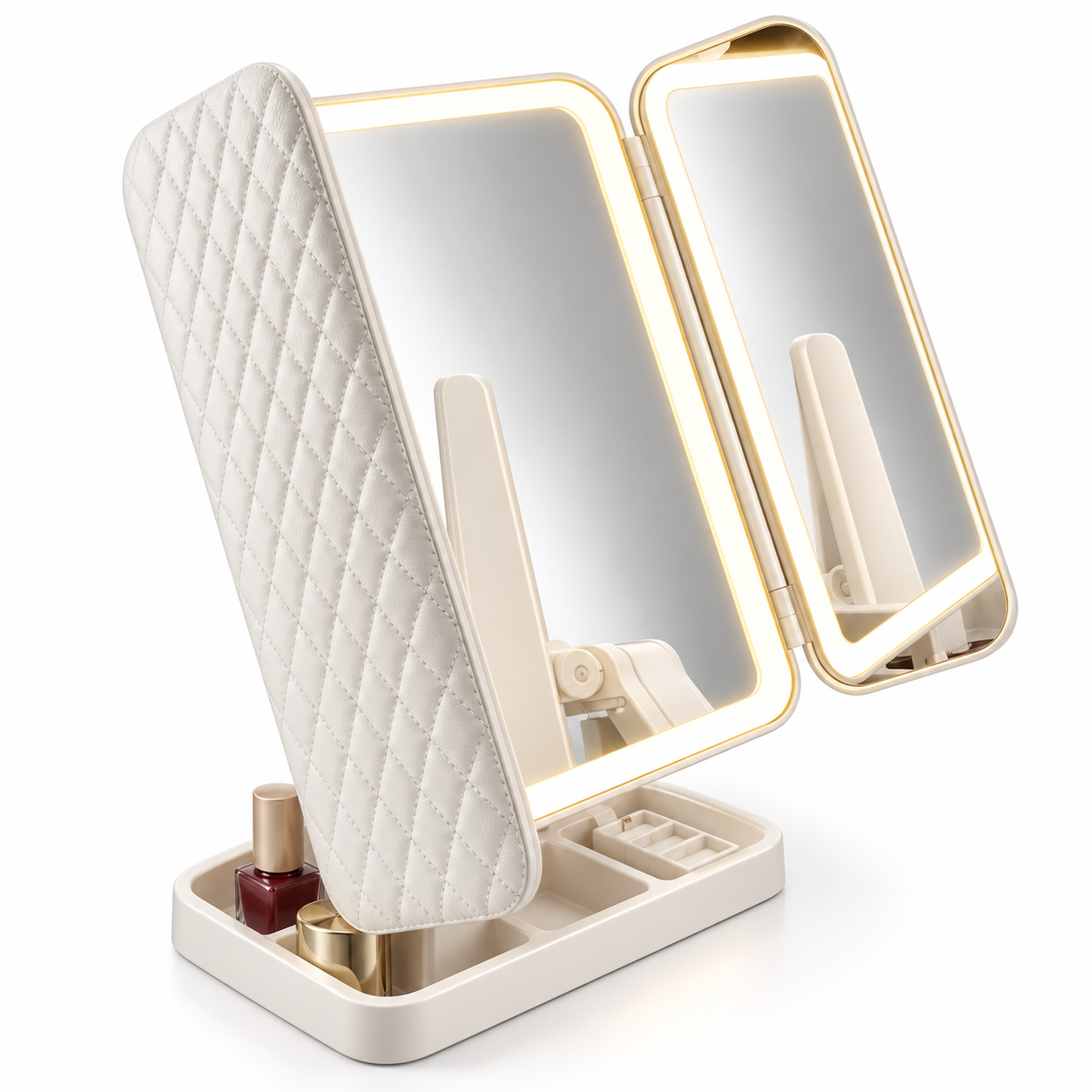 Tri-Fold LED Vanity Mirror with Touch Control, Folding Side Panels & Storage Base