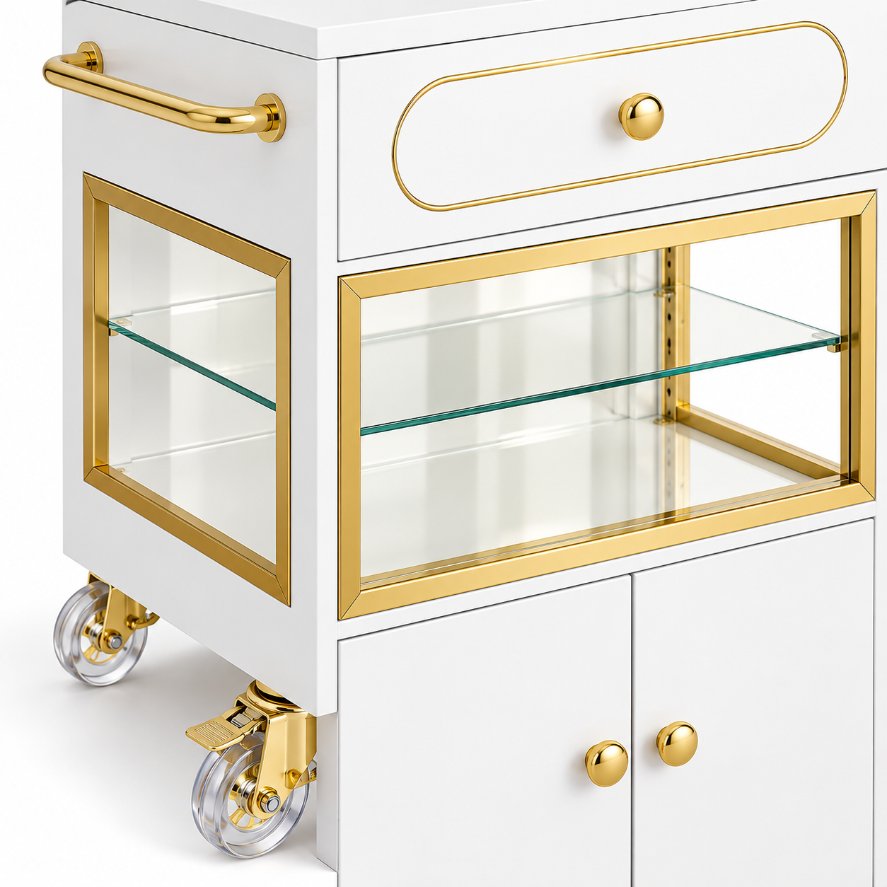 Professional Salon Storage Trolley with Glass Display Cabinet, Drawer & Lockable Wheels – White & Gold