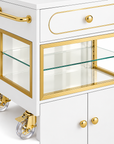 Professional Salon Storage Trolley with Glass Display Cabinet, Drawer & Lockable Wheels – White & Gold