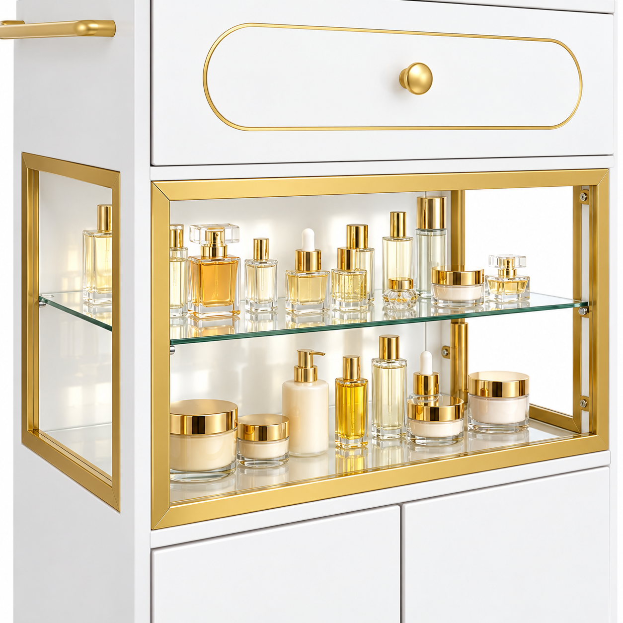 Professional Salon Storage Trolley with Glass Display Cabinet, Drawer & Lockable Wheels – White & Gold