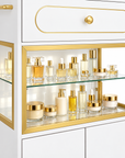 Professional Salon Storage Trolley with Glass Display Cabinet, Drawer & Lockable Wheels – White & Gold