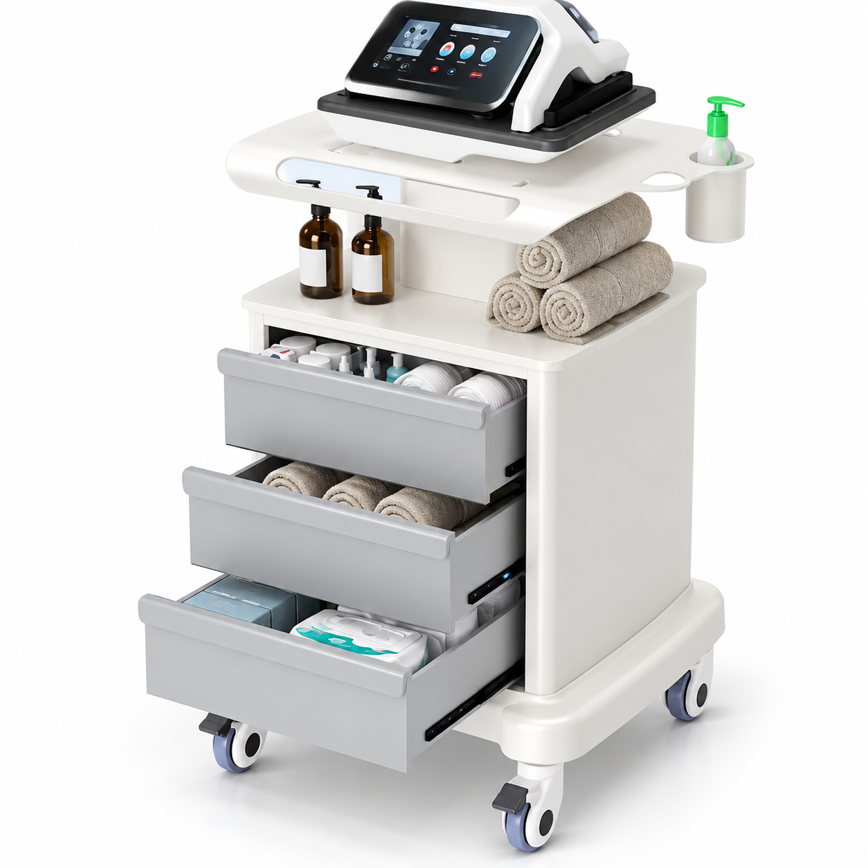 Professional Mobile Beauty Trolley with 3 Drawers, Equipment Platform & Lockable Wheels