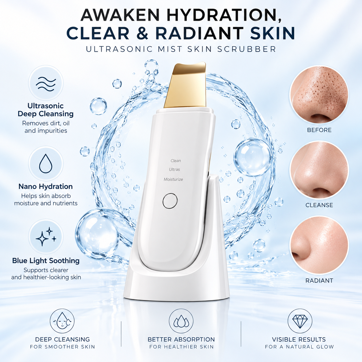Nano Mist Ultrasonic Skin Scrubber 24kHz with Blue Light, Hydration Spray & Charging Dock